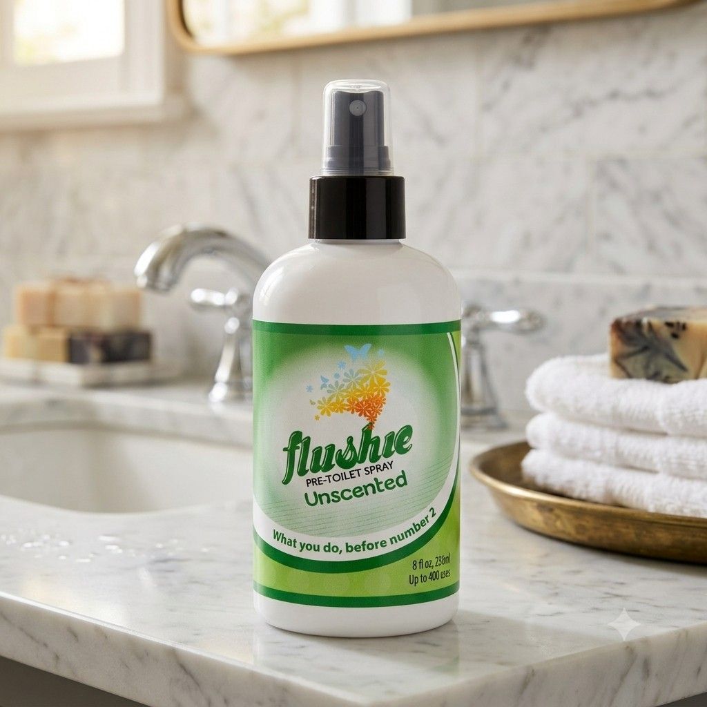 Flushie Unscented on a bathroom counter