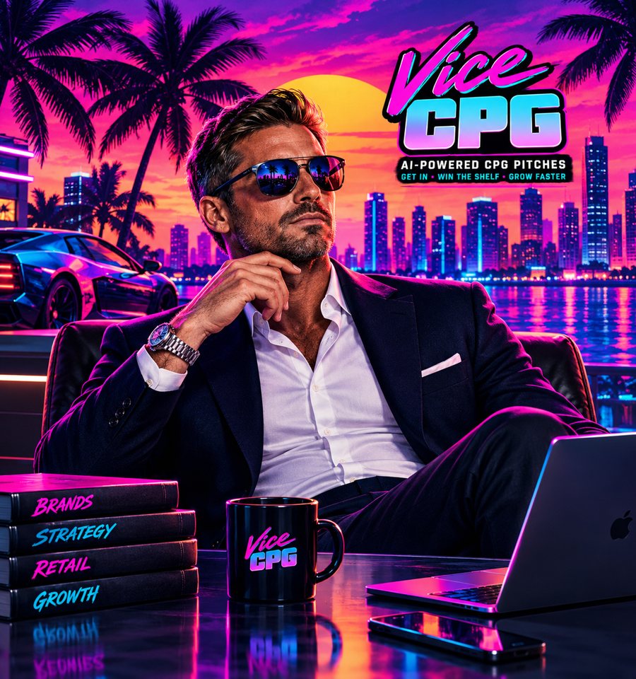 The Vice CPG retail lead at his desk overlooking the Miami skyline at sunset
