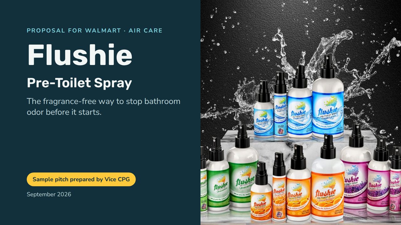 Cover slide of the sample Flushie pitch deck for Walmart